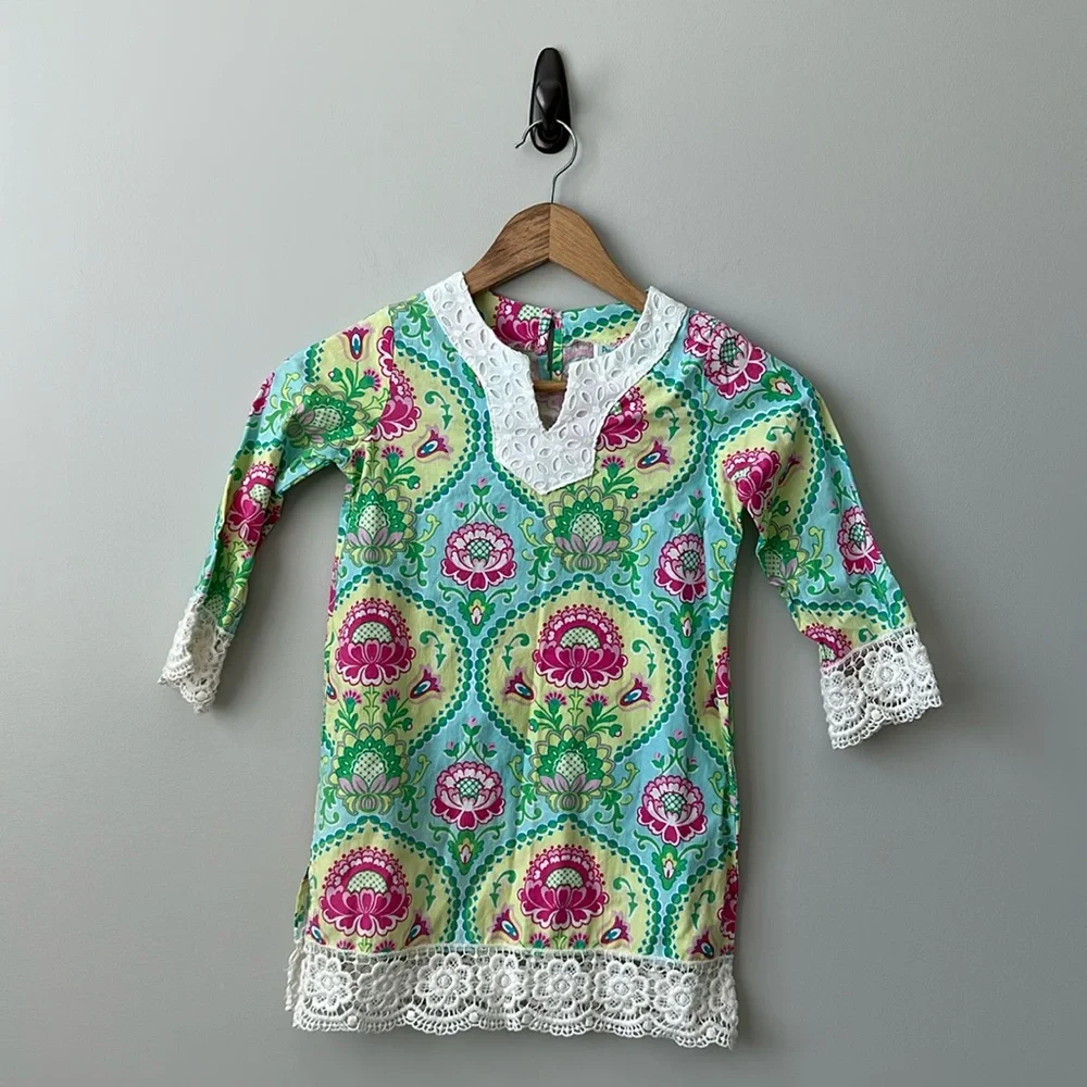 Girls Peaches ‘n Cream Floral Lace Trimmed Tunic Top 6x - Picture 1 of 8